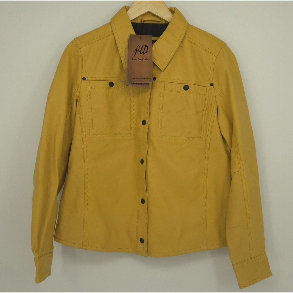 NWT $164 jiLD Lambskin Leather Shacket Shirt Jacket Womens L - Mustard Yellow